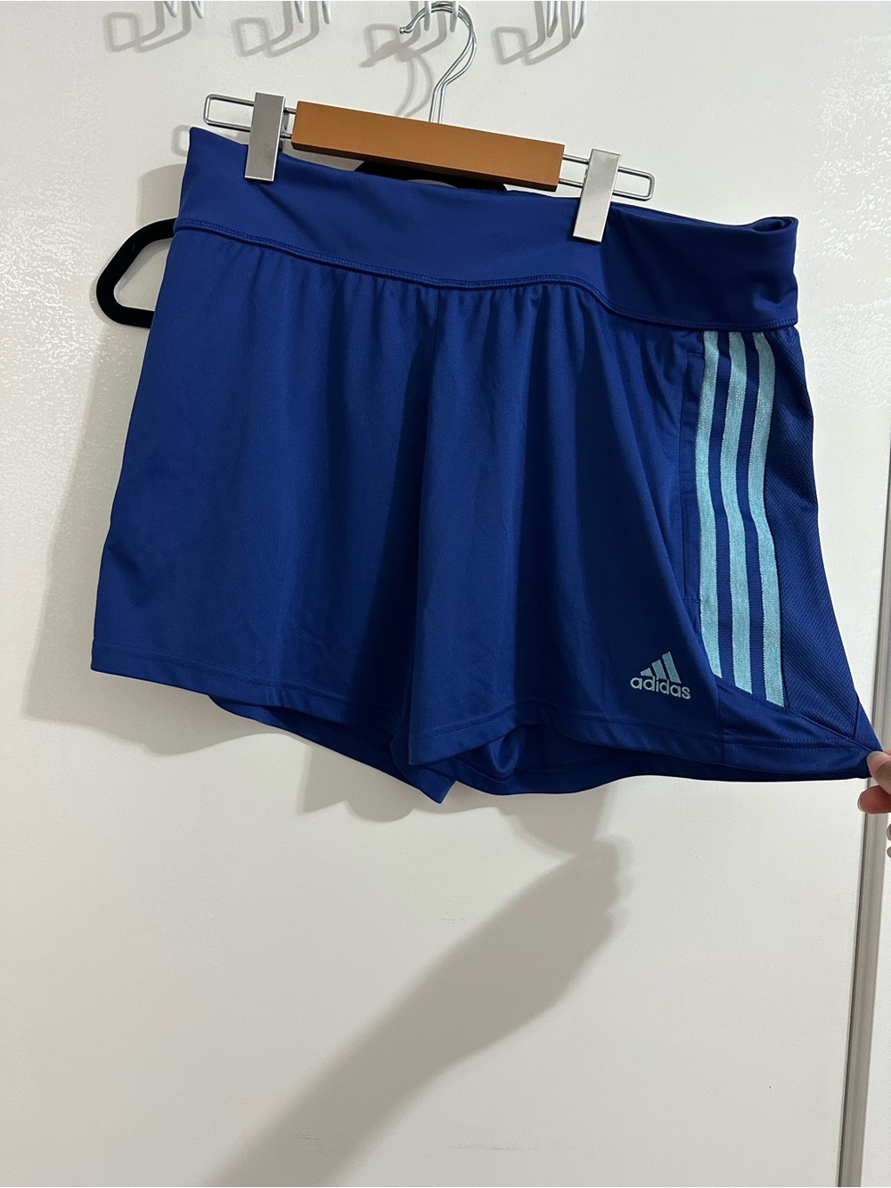 adidas Women’s Royal Blue Athletic Shorts with Light Blue Stripes